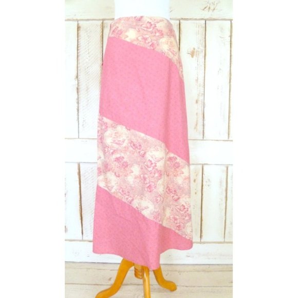 70s vintage pink striped floral cotton maxi boho skirt - Picture 3 of 4